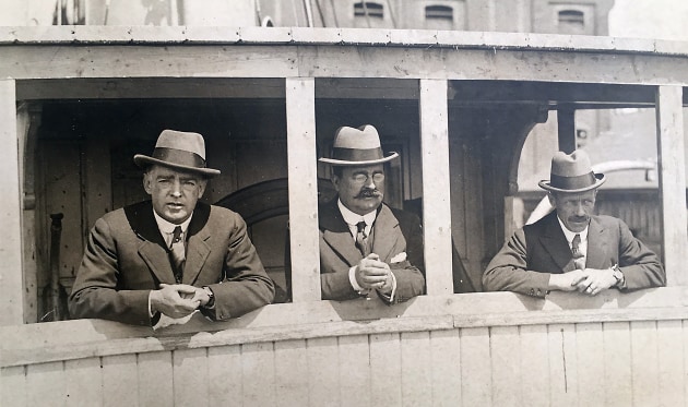 From Left to Right: Sir Ernest Shackleton, Alex Macklin and Frank Wild (second in command) in 1921 about to depart from London. As well as being the ship’s surgeon, Macklin also took photographs of the now famous final expedition for Shackleton, though neither he nor Wilkins was the expedition’s official photographer; he jumped ship in Rio de Janeiro. Wild would go on to write the definitive account, Shackleton’s Last Voyage. Macklin’s family would donate to the State Library of New South Wales the images he took and those given to him by Wilkins. Image courtesy: State library of NSW.