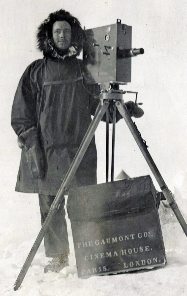 One of the earliest images of Wilkins working in the field is this from his time on the Canadian Arctic Expedition from 1913. The photo is also notable for the camera bag marking out its contents as the property of the Gaumont Company, his first employer after he arrived in London around 1912. Image courtesy: Byrd Polar and Climate Research Centre.