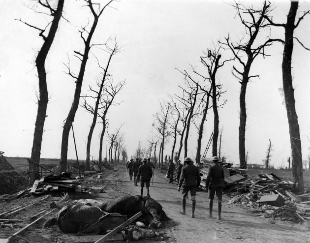 A scene on the Menin road beyond Ypres, Belgium. It was reported that the loss of horses, especially to shell fire that ripped open their lungs and required them to be immediately put down, was most distressing to their responsible soldiers. Of a similar image Wilkins wrote “This particular spot, during the various Ypres battles, was never free of such a scene as this photograph depicts. Image courtesy: Byrd Polar and Climate Research Centre.