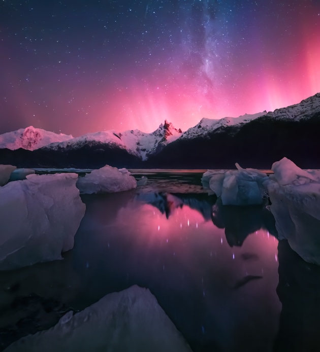 “Aurora Australis” – Marc Adamus, Patagonia Fjords, Chile.
I’m not sure if an aurora had ever been recorded in Patagonia before, but we got incredibly lucky on the night of May 10, 2024, when a G5 storm hit. We were camped on an iceberg beach, deep in the wilderness of the Patagonia Fjords, when the incredible display unfolded.