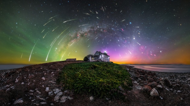 “Cosmic Explosion” – Uroš Fink, Istria, Croatia.
On the night of the Perseid meteor shower, I was treated to a “multi-course menu” of the night sky. I captured the Milky Way arch with Orion, the Aurora (a first for me), the Zodiacal light, and the Perseid meteors. As if that wasn’t enough, the sky gifted me with one of the most stunning greenish airglows I’ve ever seen. Oh, and I almost forgot to mention the close conjunction of Jupiter and Mars, right along the path of the Zodiacal light.