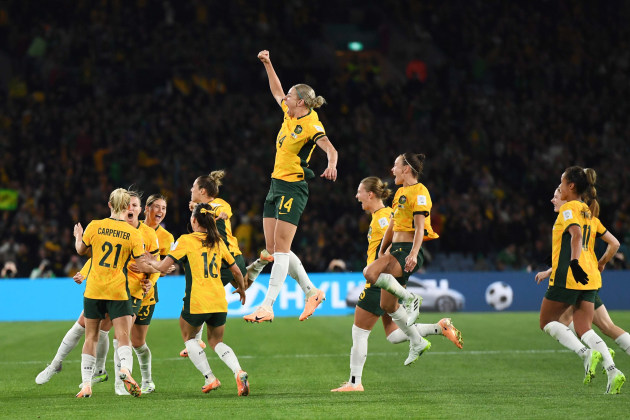 July 20, Sydney, Australia : Team Matilda's celebrate a goal for Australia during the Women's World Cup football match between Australia and Ireland at Stadium Australia in Sydney. Australia won the match 1-0. Danish Ravi/ZUMApress Wire