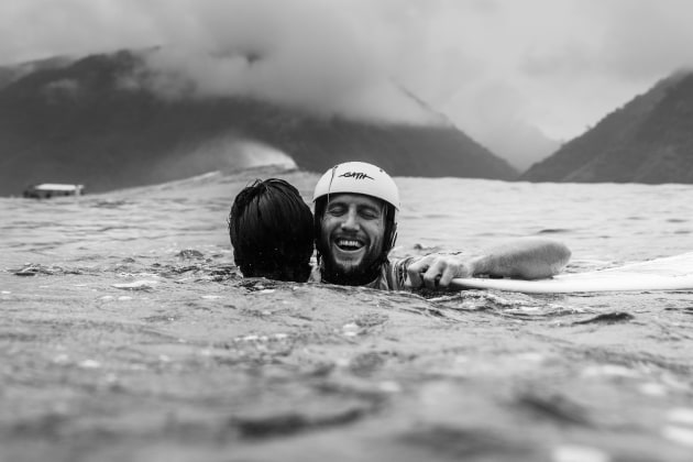 Owen Wright embraces close mate and rival Gabriel Medina after winning the 2019 Tahiti Pro. I am very privileged to work for the WSL that allows me close access to the athletes while they compete. It sounds bizarre, but the background in this image is their playing field. Canon 1D X Mark II, EF24-70mm f/2.8L II USM lens @ 50mm. 1/2000s @ f5.6, ISO 400.